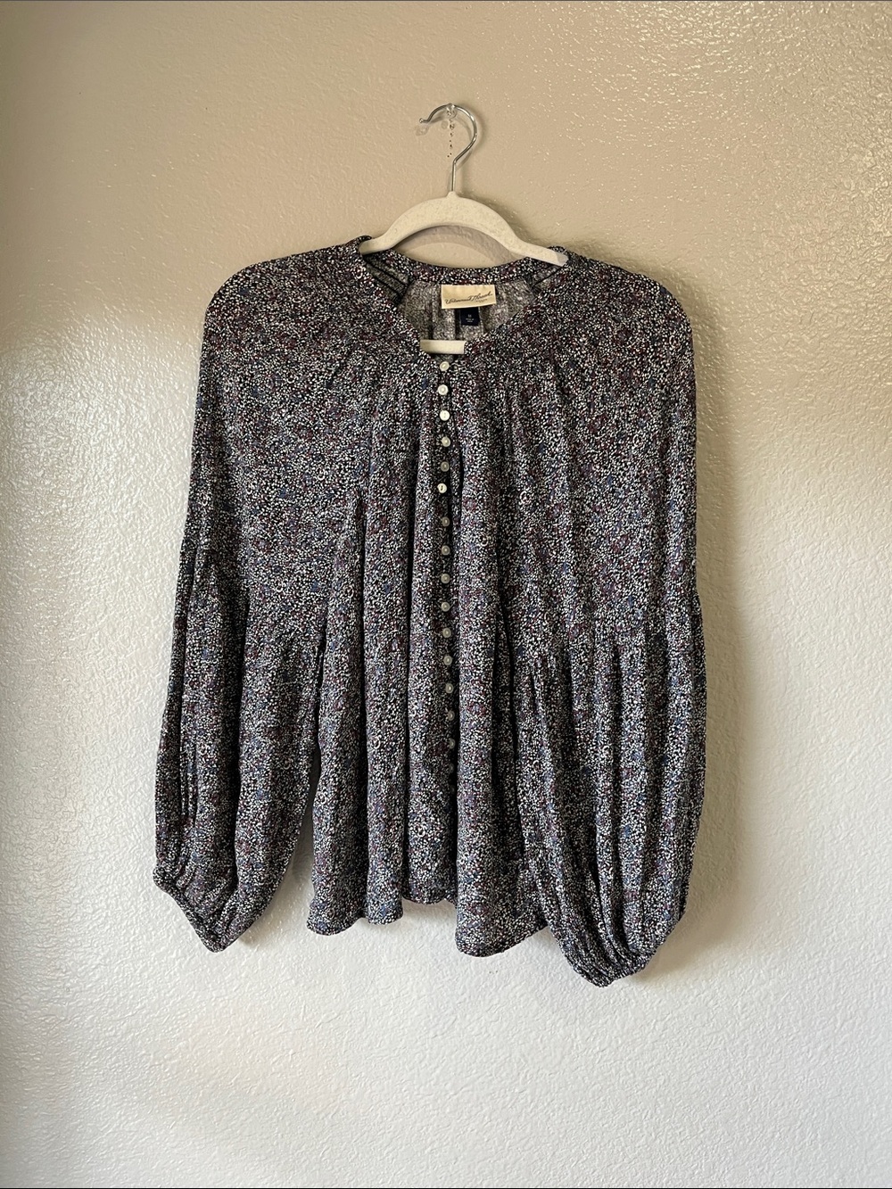 Universal Thread Black Multi-Print Button-Up Peasant Blouse Sz M Cottage core